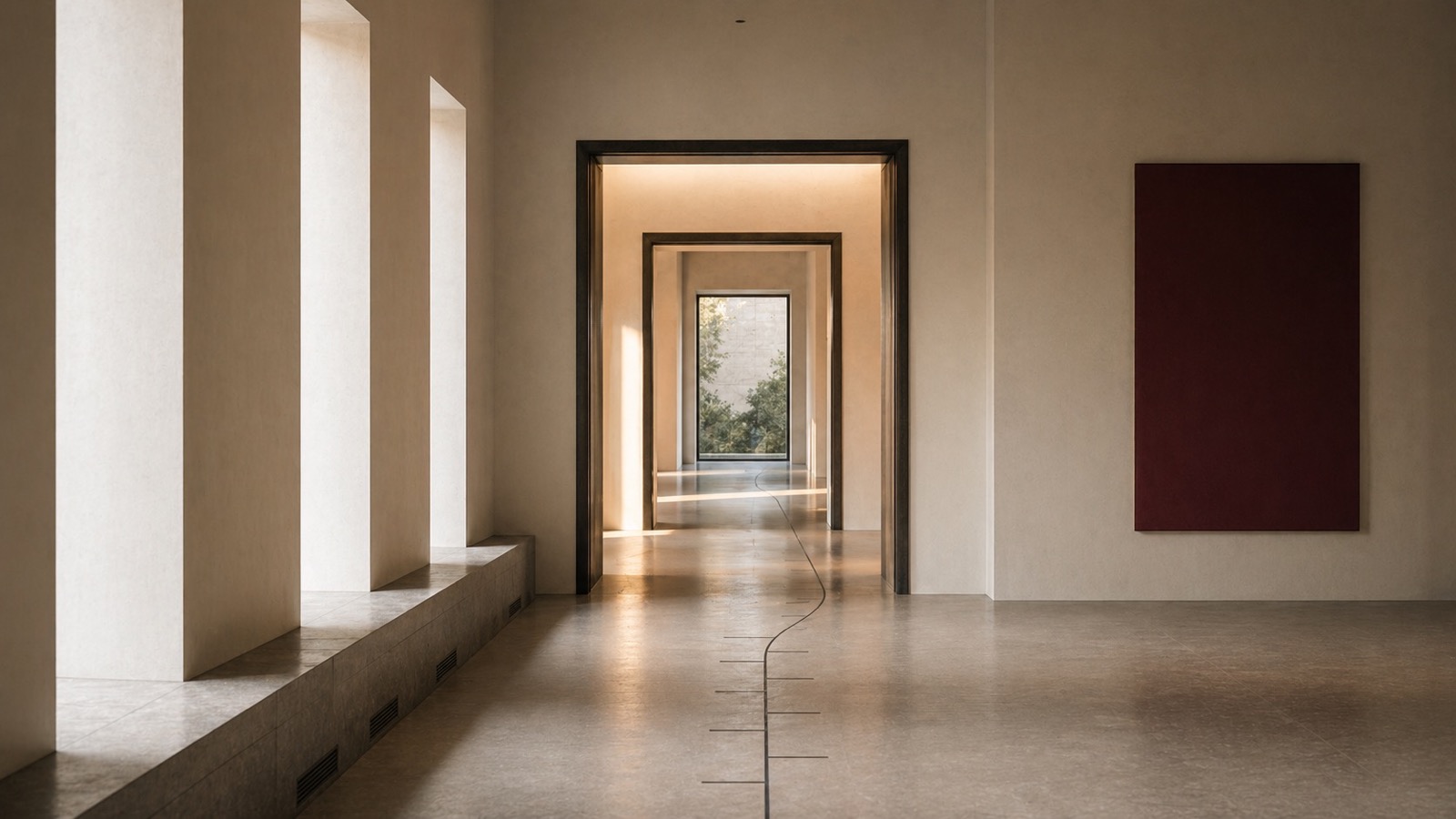 Quiet corridor with repeated doorways and a floor line leading forward