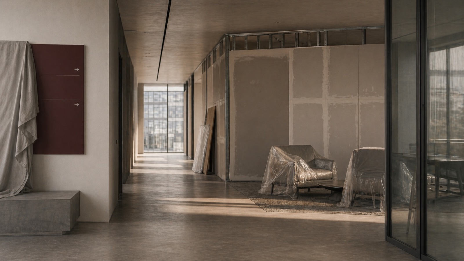 Office corridor in transition with temporary partitions and covered furniture