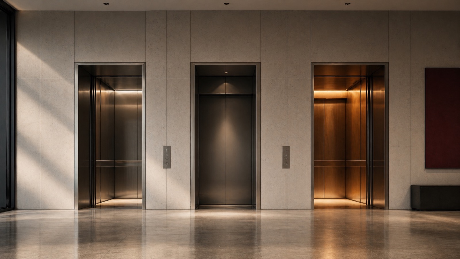 Minimalist lobby with three elevator doors lit in different tones