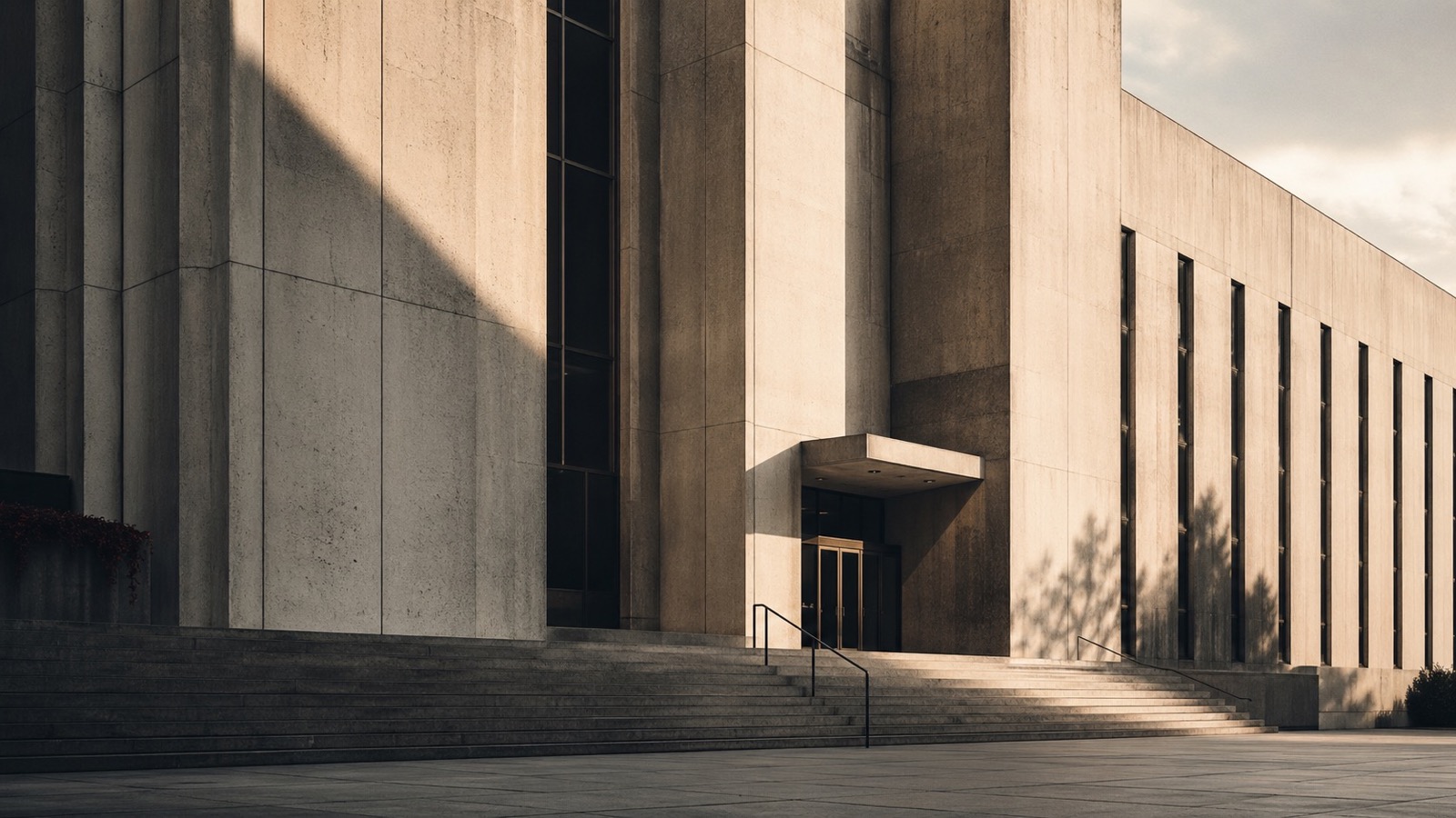 Minimalist concrete institutional building with sharp afternoon shadows