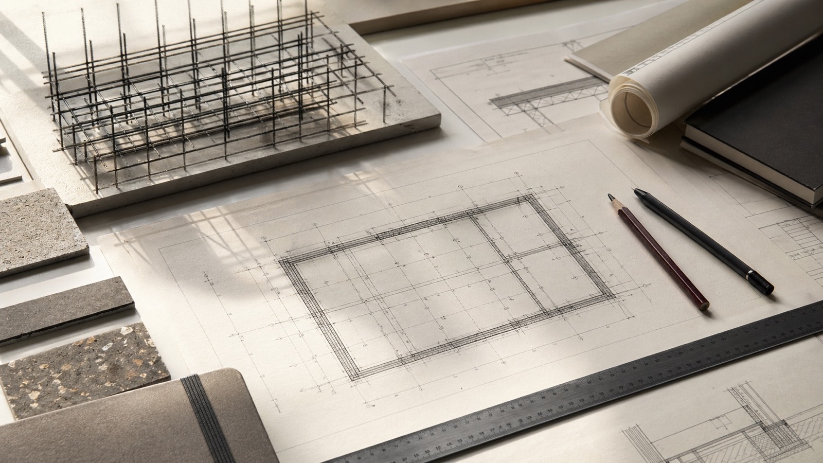Architectural plans and a structural model on a drafting table