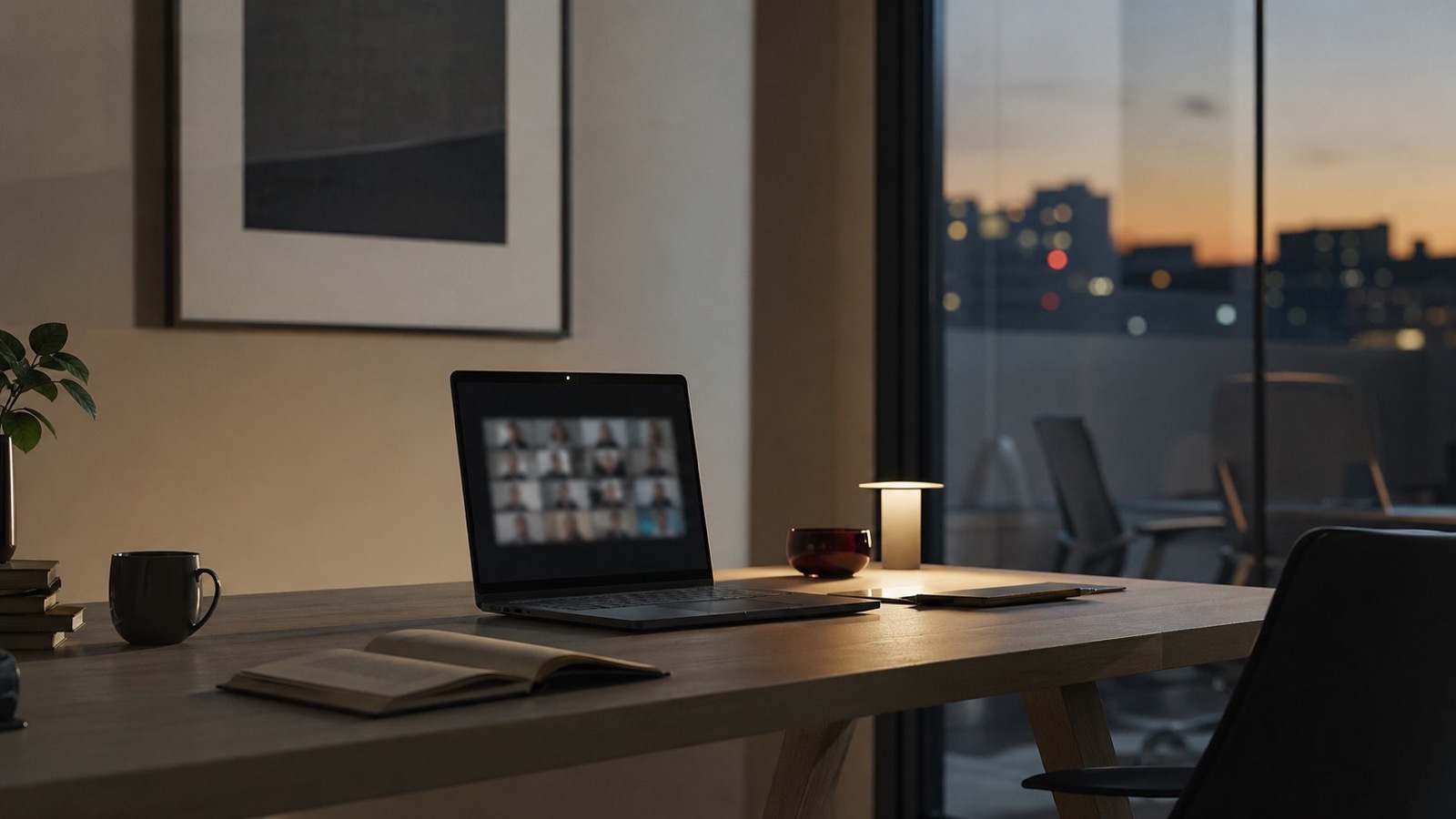 Quiet home office at dusk with a laptop showing a blurred remote meeting