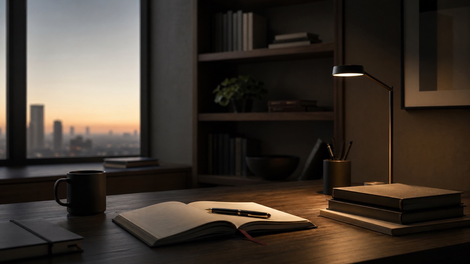 Quiet executive study with an open journal, books, and a warm desk lamp